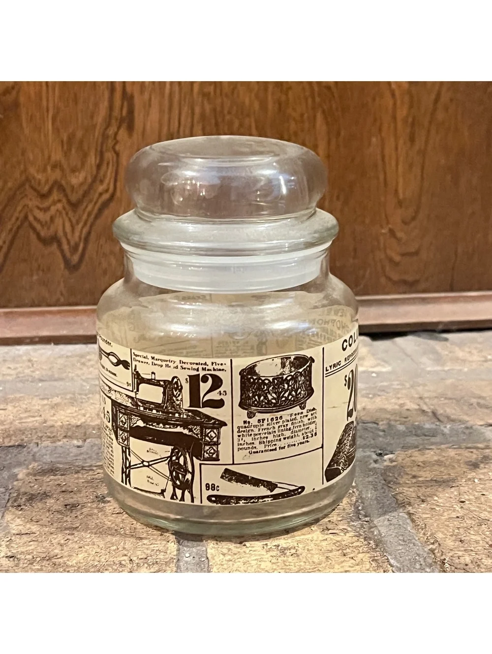 Vintage Glass Jar with 1906 Sears Catalog Print